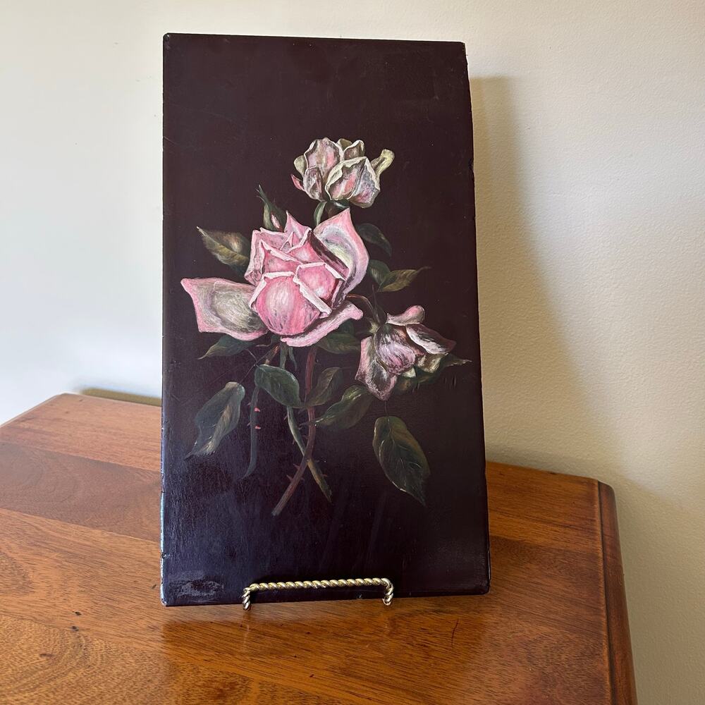 Vintage Hand Painted Pink Bloom Floral Wall Decor on Dark Wood